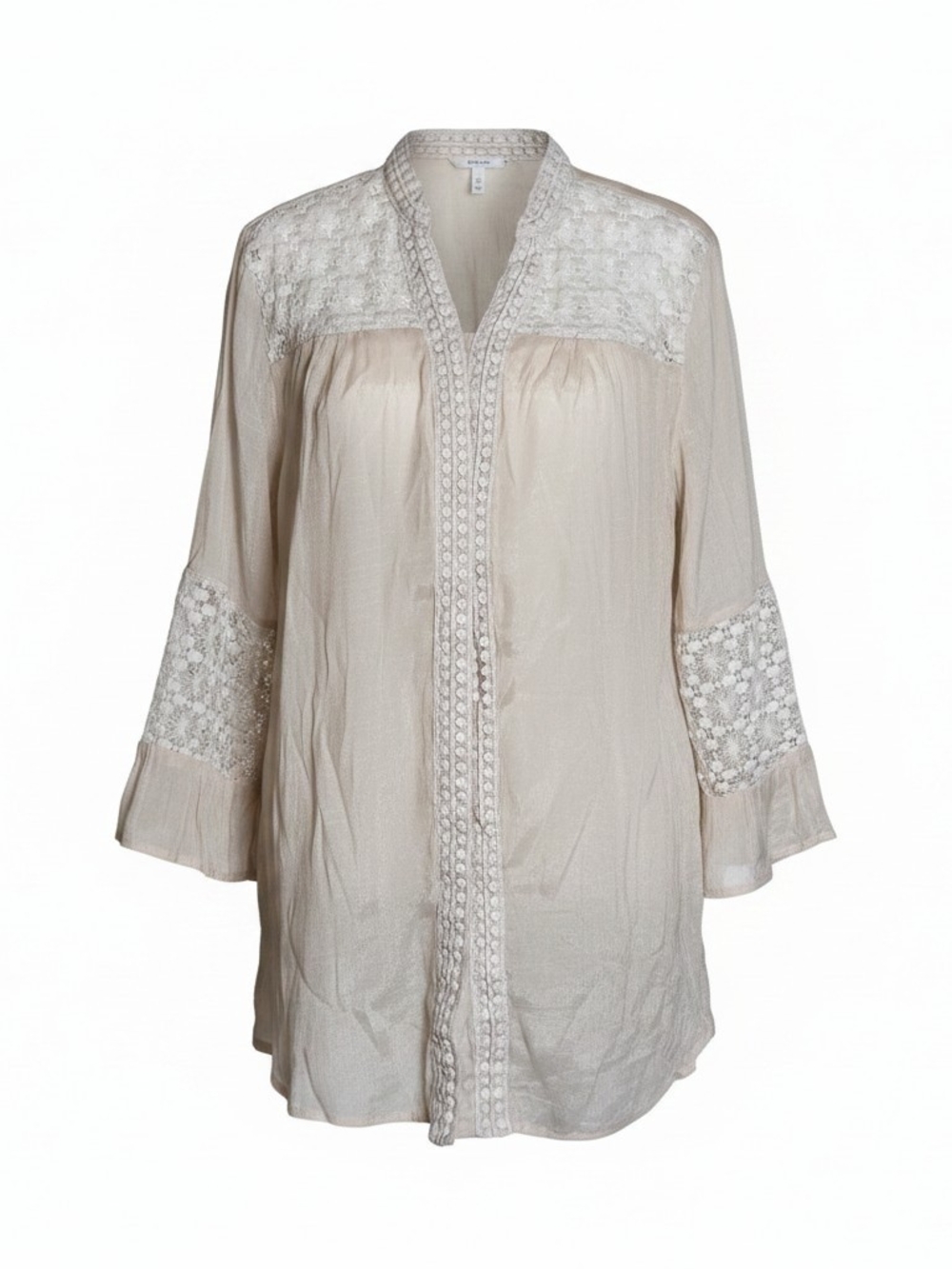 Multiples Womens L Boho Lace-Trim Tunic Top - Cream